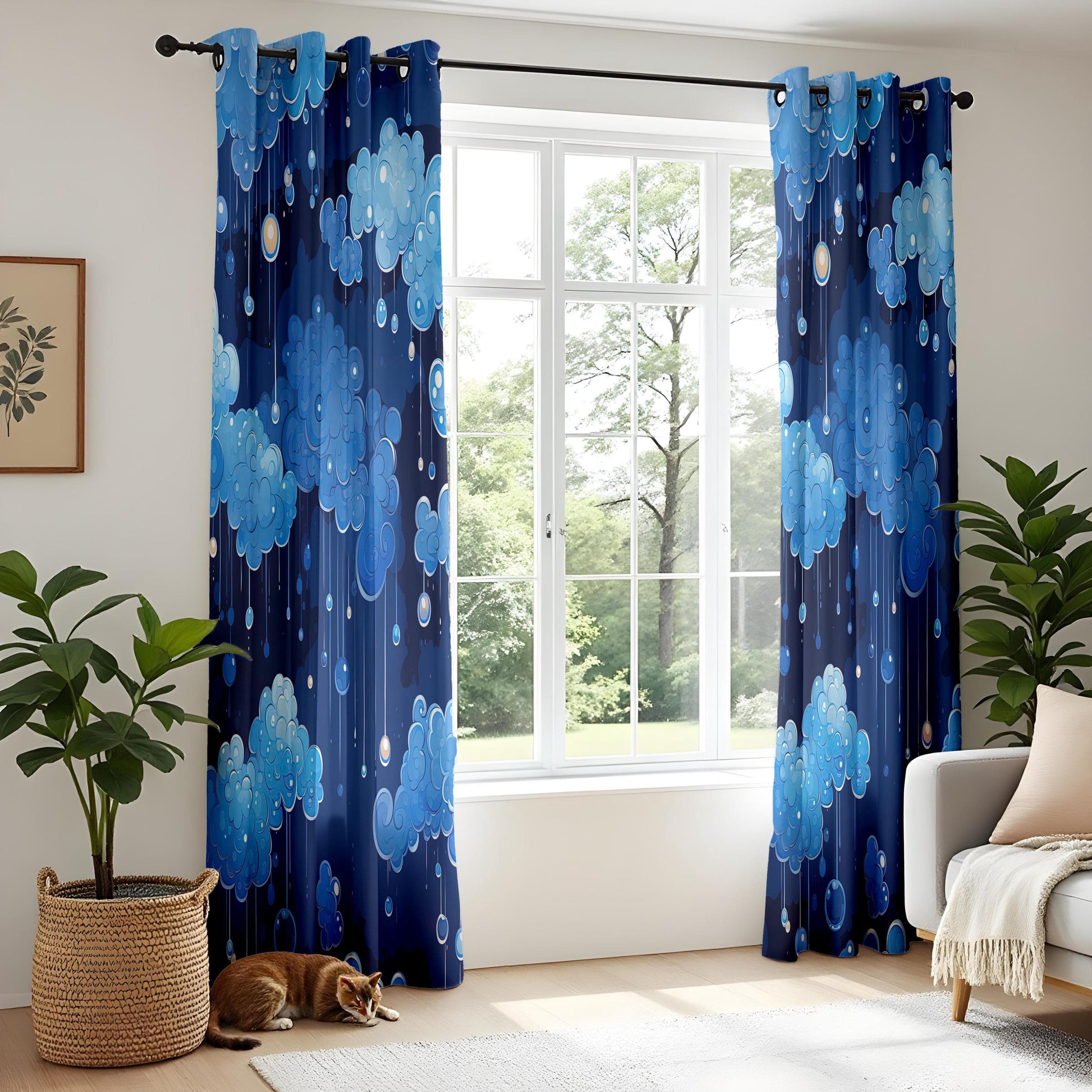 Onay Night Sky Cloud Curtains for Kids Room, Dreamy Blue Rain Window Drapes