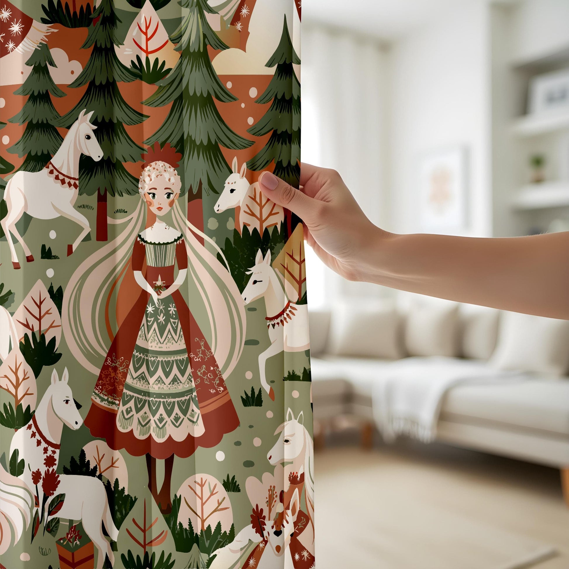 Onay Nursery Curtain, Fantasy Woodland Curtains, Elegant Princess and Forest Scene