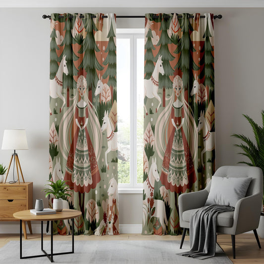 Onay Nursery Curtain, Fantasy Woodland Curtains, Elegant Princess and Forest Scene