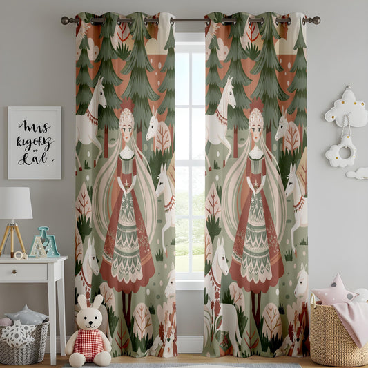 Onay Nursery Curtain, Fantasy Woodland Curtains, Elegant Princess and Forest Scene