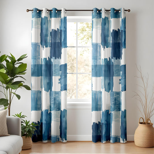 Onay Oceanic Brushstrokes Window Curtains, Abstract Blue Paint Design