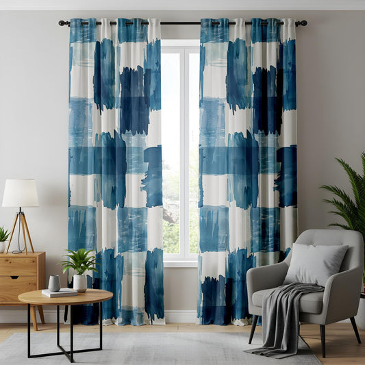 Onay Oceanic Brushstrokes Window Curtains, Abstract Blue Paint Design