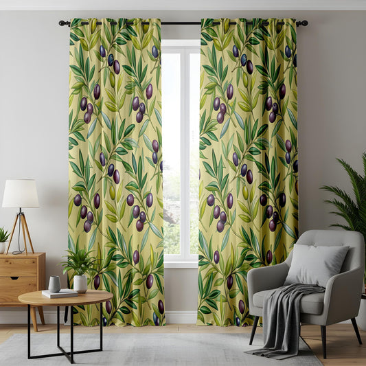 Onay Olive Branch Kitchen Curtains, Mediterranean Style Window Drapes