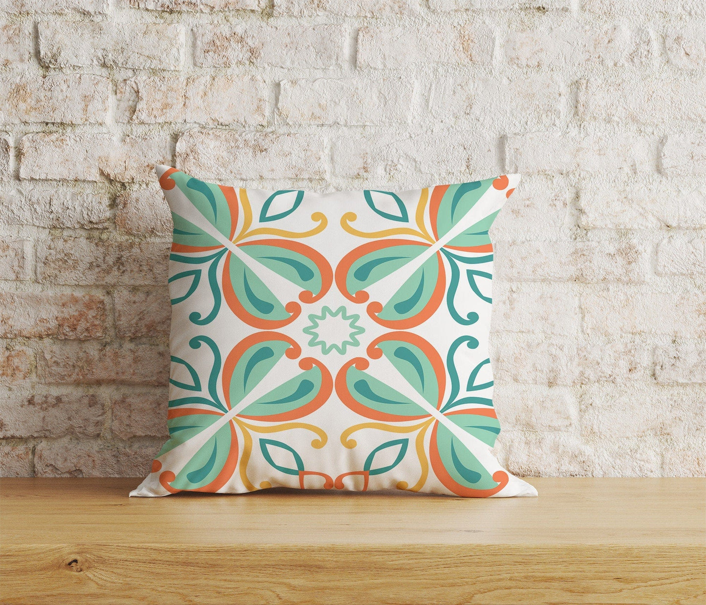 Onay Home Textile Cushion Covers 4 / 12 x 12 inch (30 x 30 cm) Double Side Orange and Green Motifs Cushion Covers Tiles Pillow Cover