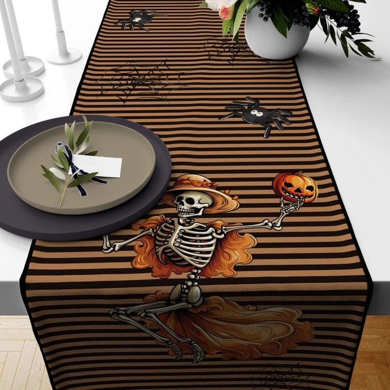 Onay Table Runner 4 / 12 x 46 inch (30 x 120 cm) Orange & Black Halloween Table Runner - Skeleton, Pumpkin, Cat, Spider Design