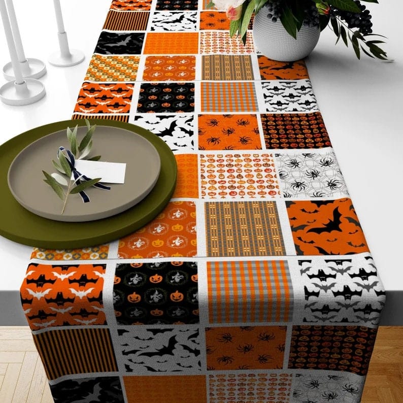 Onay Table Runner 2 / 12 x 46 inch (30 x 120 cm) Orange & Black Halloween Table Runner - Skeleton, Pumpkin, Cat, Spider Design