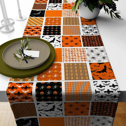 Onay Table Runner 2 / 12 x 46 inch (30 x 120 cm) Orange & Black Halloween Table Runner - Skeleton, Pumpkin, Cat, Spider Design