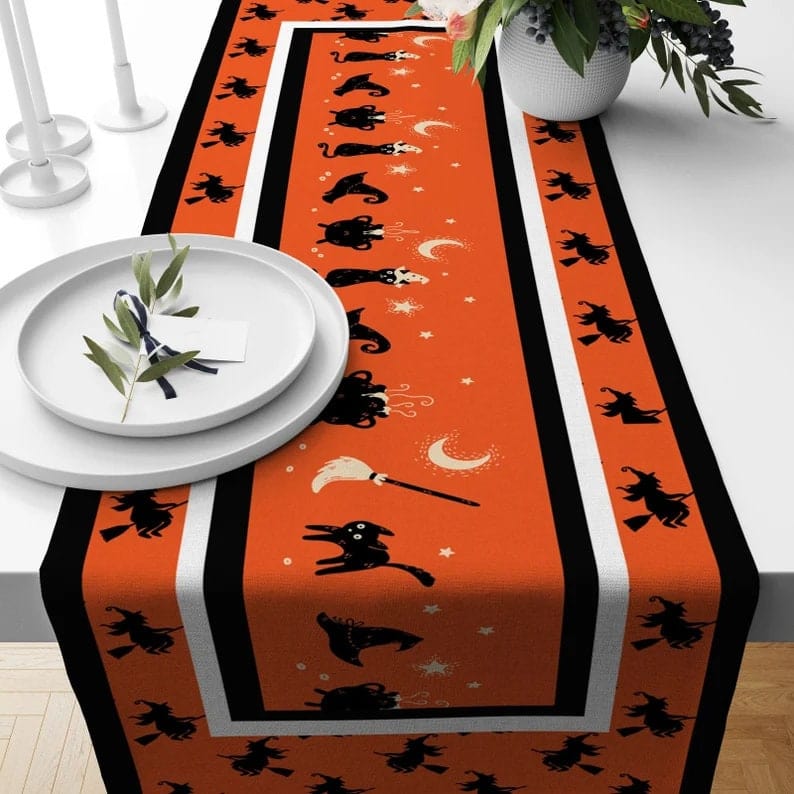 Onay 4 / 12 x 46 inch (30 x 120 cm) Orange Halloween Table Runner - Black Cat & Bat Design, Spooky Fall Kitchen Decor