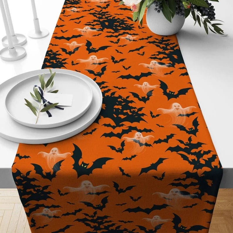 Onay 3 / 12 x 46 inch (30 x 120 cm) Orange Halloween Table Runner - Black Cat & Bat Design, Spooky Fall Kitchen Decor