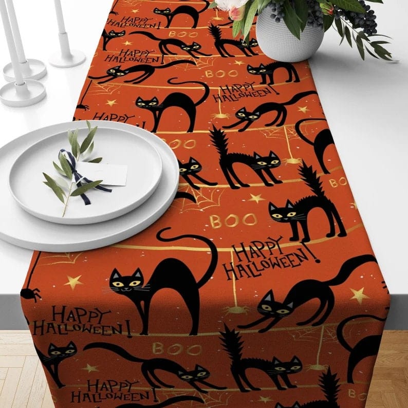 Onay 2 / 12 x 46 inch (30 x 120 cm) Orange Halloween Table Runner - Black Cat & Bat Design, Spooky Fall Kitchen Decor