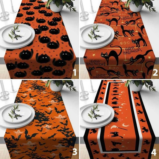 Onay Orange Halloween Table Runner - Black Cat & Bat Design, Spooky Fall Kitchen Decor