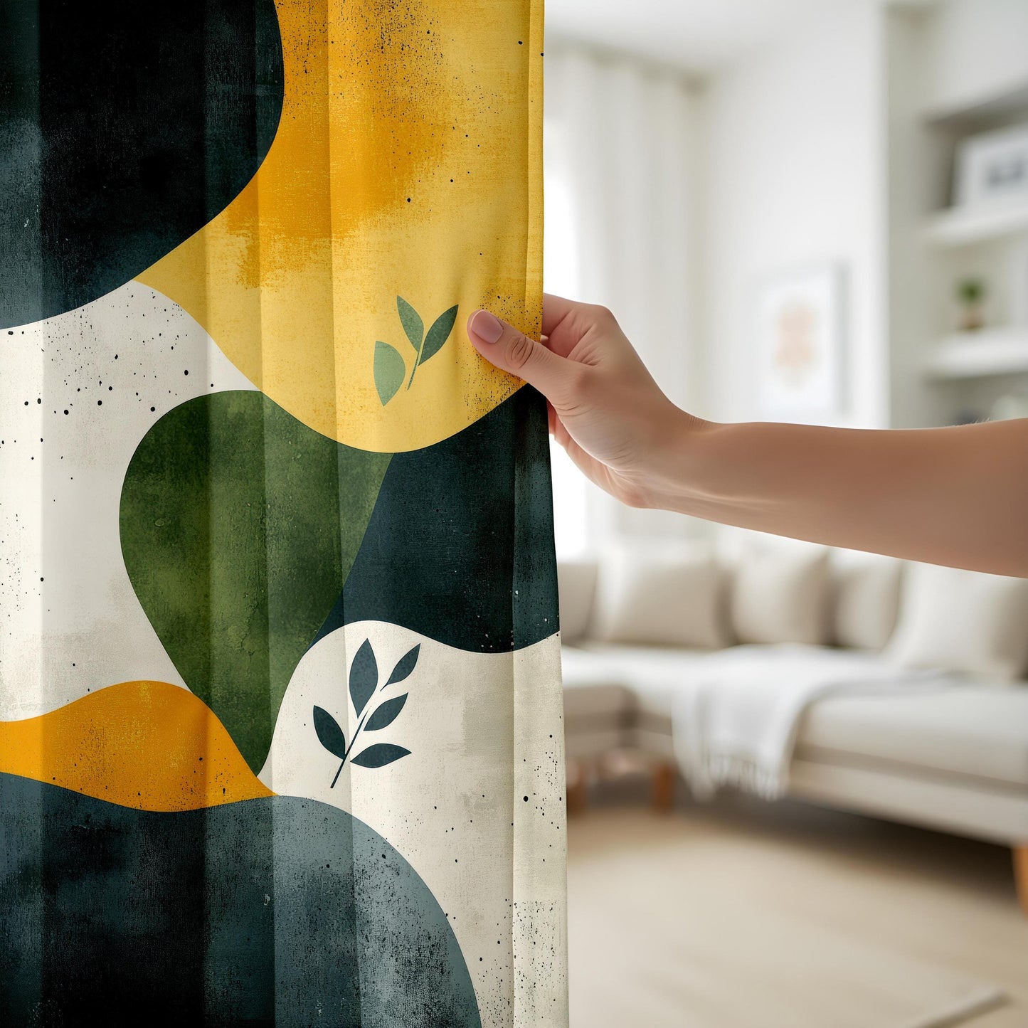 Onay Organic Shape Living Room Curtains, Mustard Green Abstract Panels