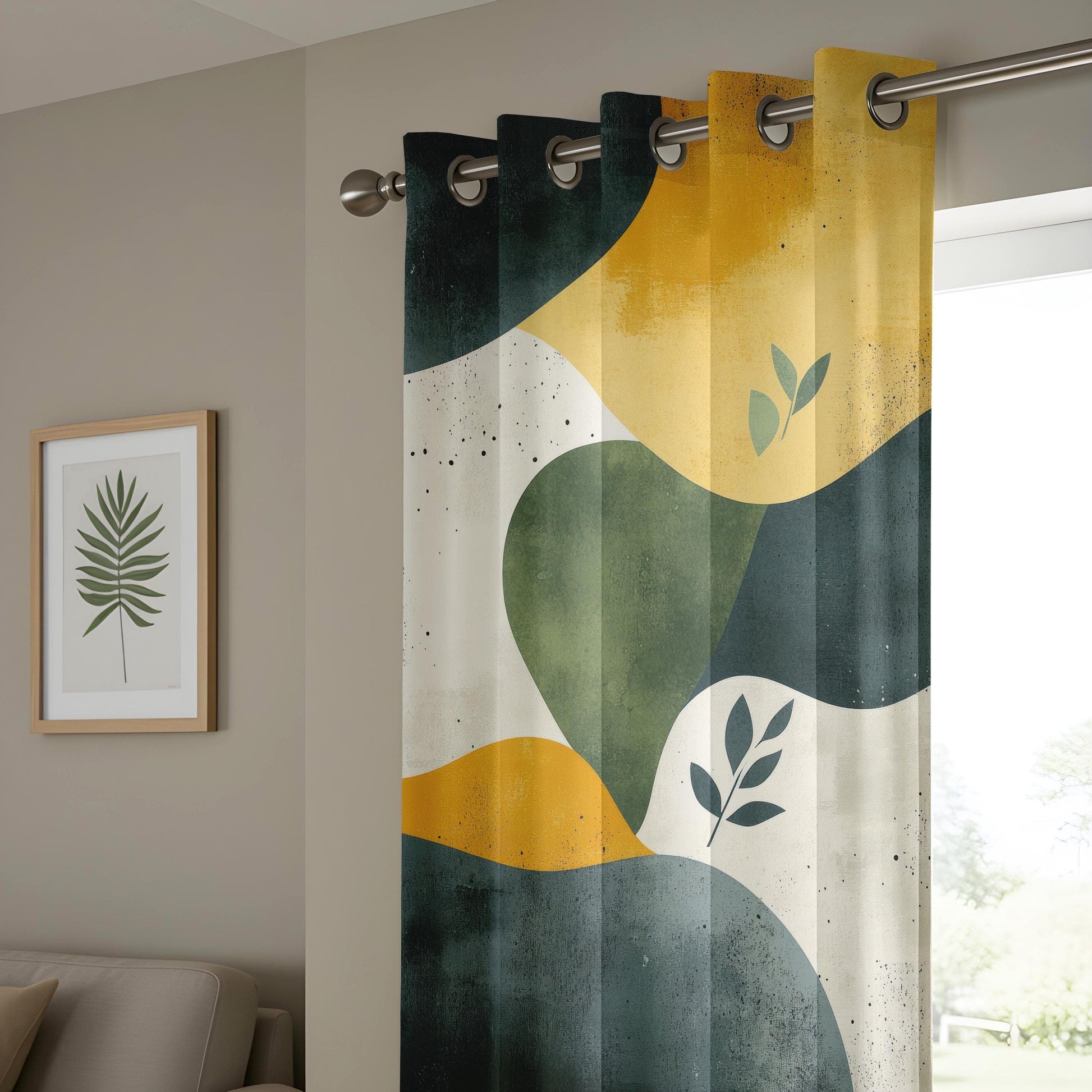 Onay Organic Shape Living Room Curtains, Mustard Green Abstract Panels