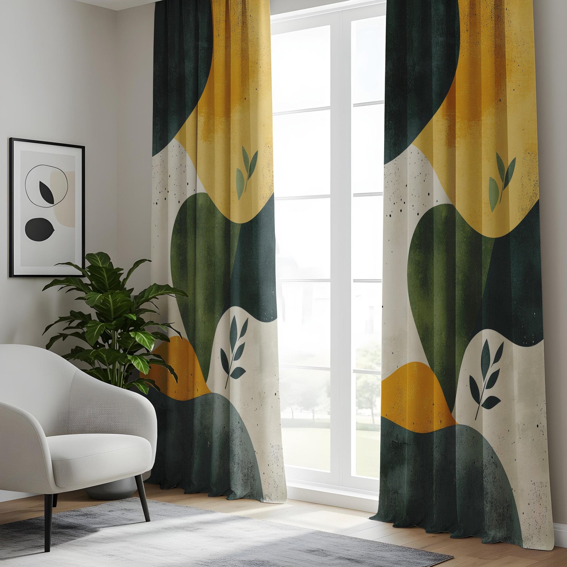 Onay Organic Shape Living Room Curtains, Mustard Green Abstract Panels