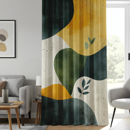 Onay Organic Shape Living Room Curtains, Mustard Green Abstract Panels