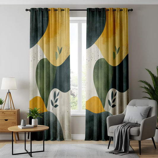 Onay Organic Shape Living Room Curtains, Mustard Green Abstract Panels