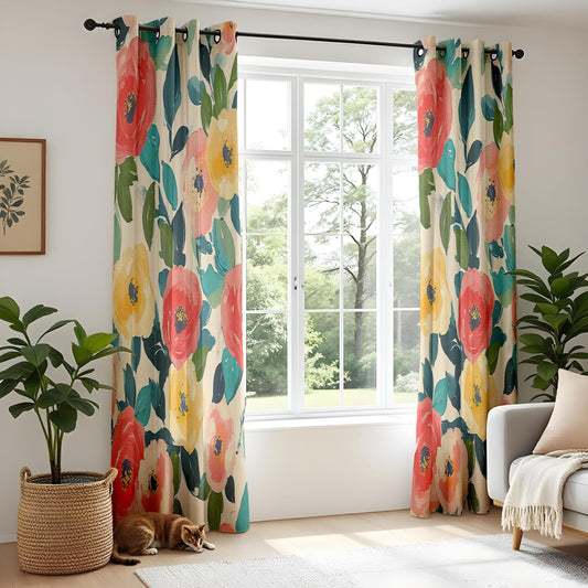 Onay Painterly Floral Living Room Curtains, Bold Watercolor Flower Print Drapes