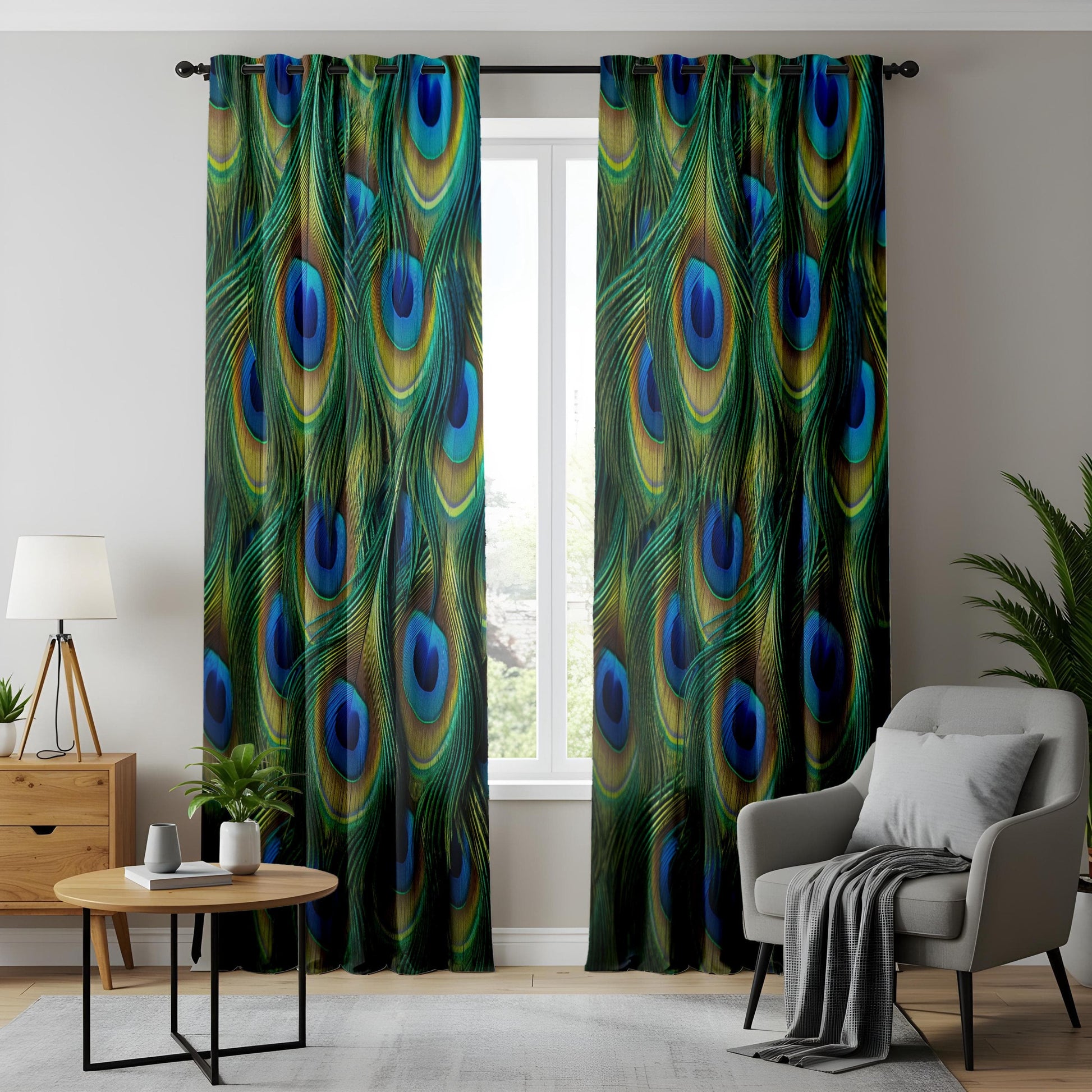 Onay Peacock Feather Window Curtains, Exotic Blue & Green Drapes
