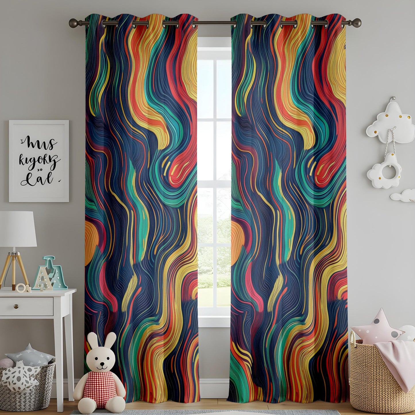Onay Psychedelic Abstract Curtains, Vibrant Swirl Pattern Drapes, Colorful Modern Window Panel