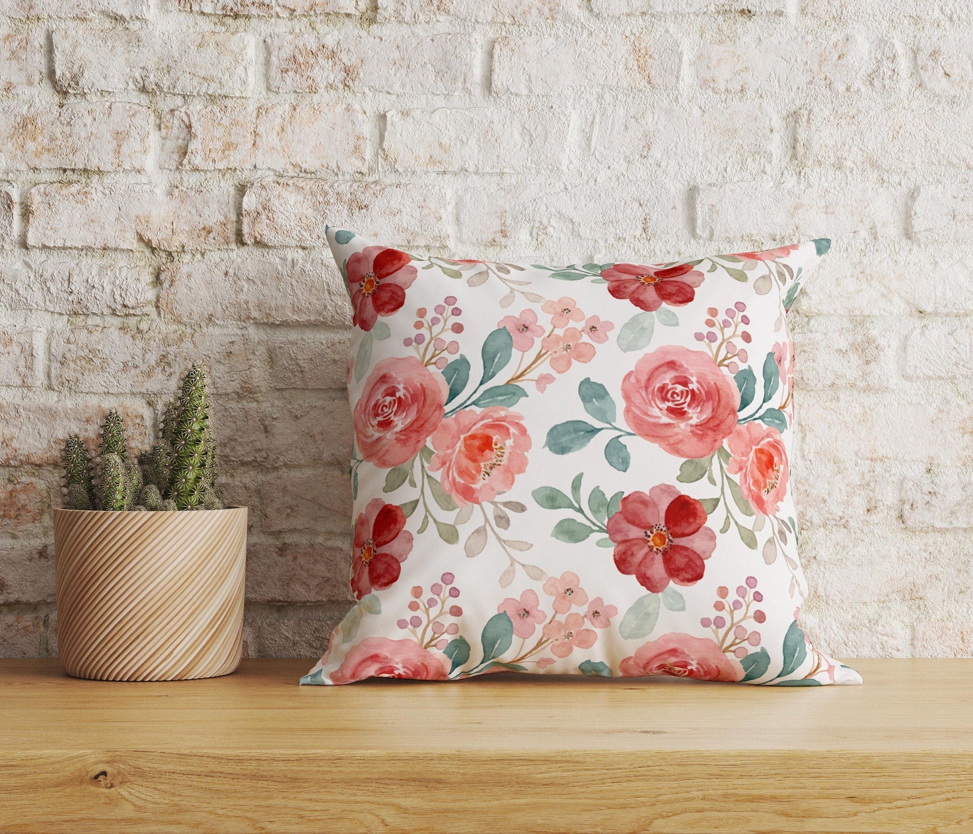 Onay Home Textile Cushion Covers 2 / 12 x 12 inch (30 x 30 cm) Double Side Red and Pink Rose Maroon Floral Watercolor Cushion Covers