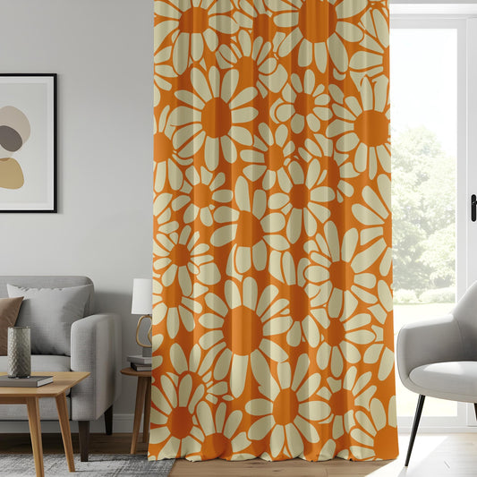 Onay Retro Daisy Print Curtains, Bold Orange Floral Drapes, 70s Vintage