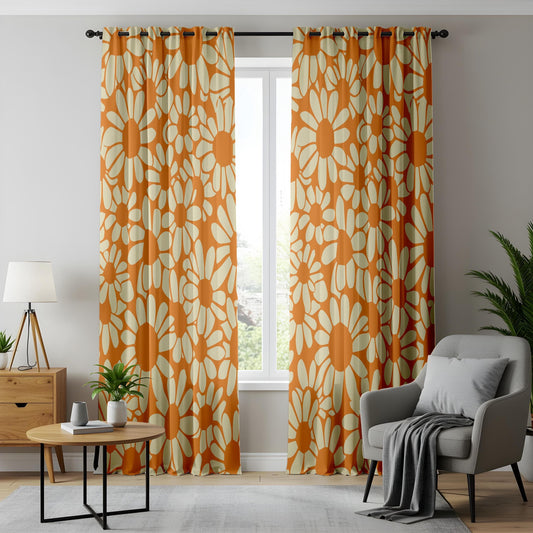 Onay Retro Daisy Print Curtains, Bold Orange Floral Drapes, 70s Vintage