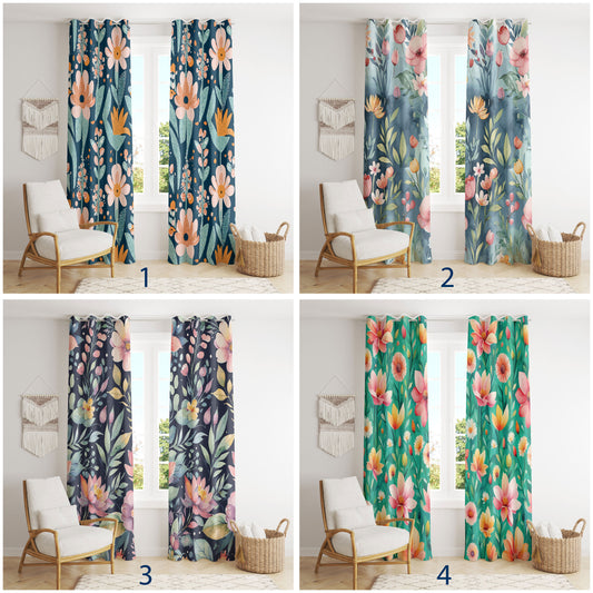 Retro Floral Curtains Blue & Green 70s Boho Print Mid-Century Drapes