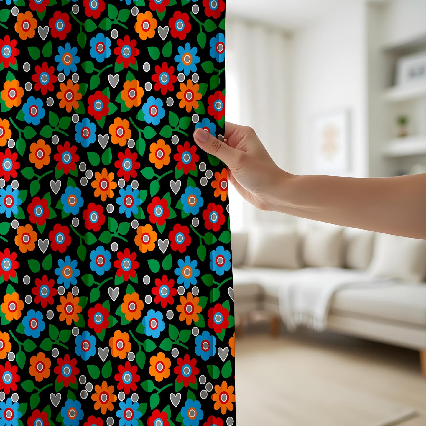 Onay Retro Floral Curtains – Colorful Bohemian Drapes with Vintage Folk Art on Black Background