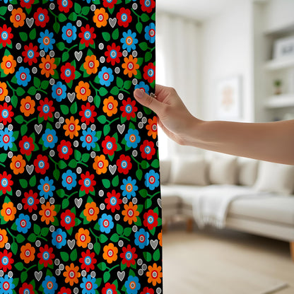 Onay Retro Floral Curtains – Colorful Bohemian Drapes with Vintage Folk Art on Black Background