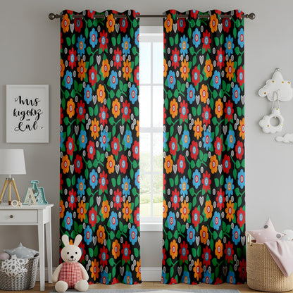 Onay Retro Floral Curtains – Colorful Bohemian Drapes with Vintage Folk Art on Black Background