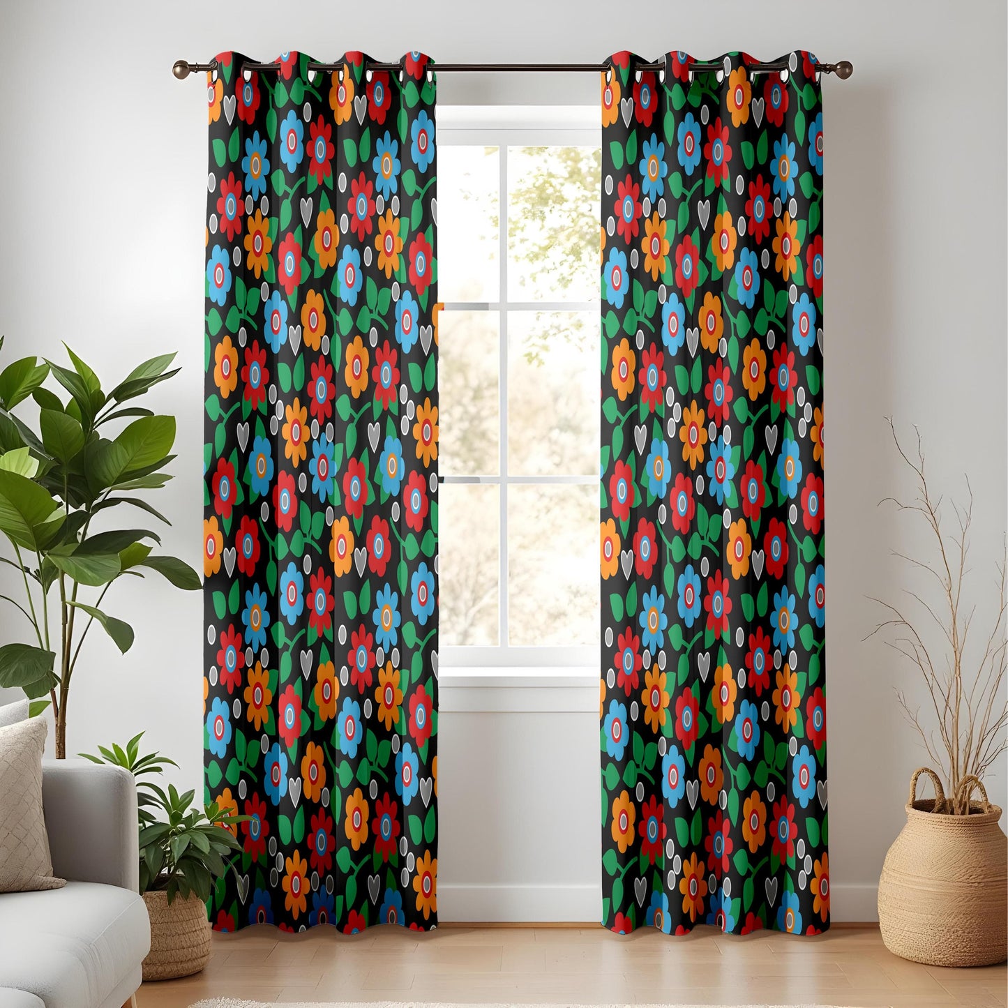 Onay Retro Floral Curtains – Colorful Bohemian Drapes with Vintage Folk Art on Black Background