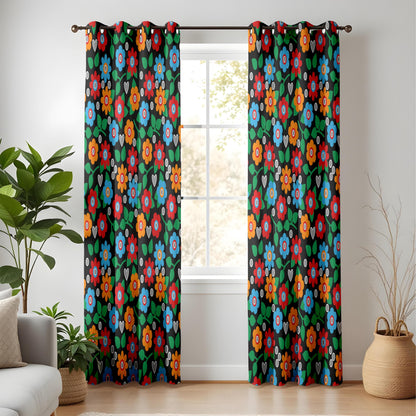 Onay Retro Floral Curtains – Colorful Bohemian Drapes with Vintage Folk Art on Black Background