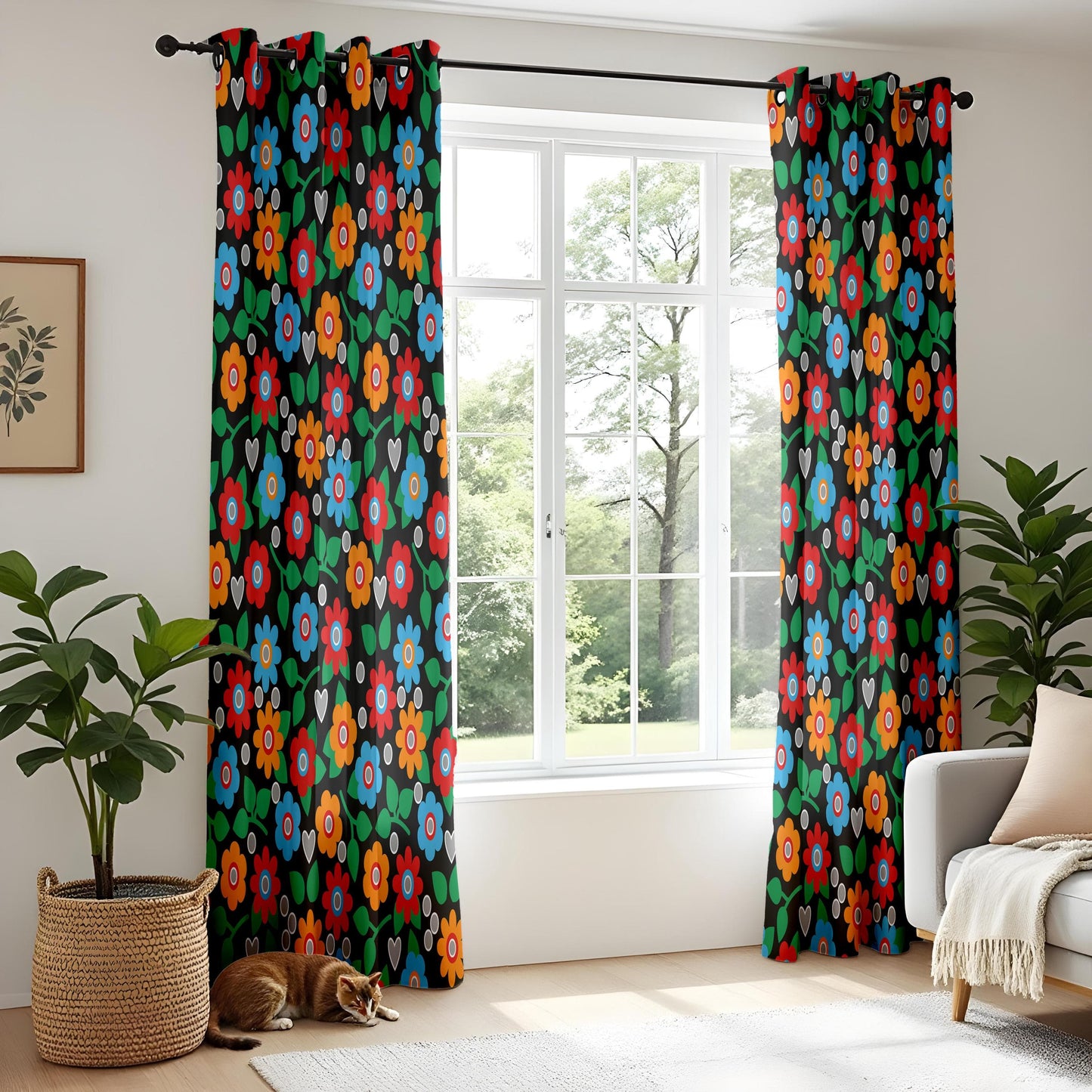 Onay Retro Floral Curtains – Colorful Bohemian Drapes with Vintage Folk Art on Black Background