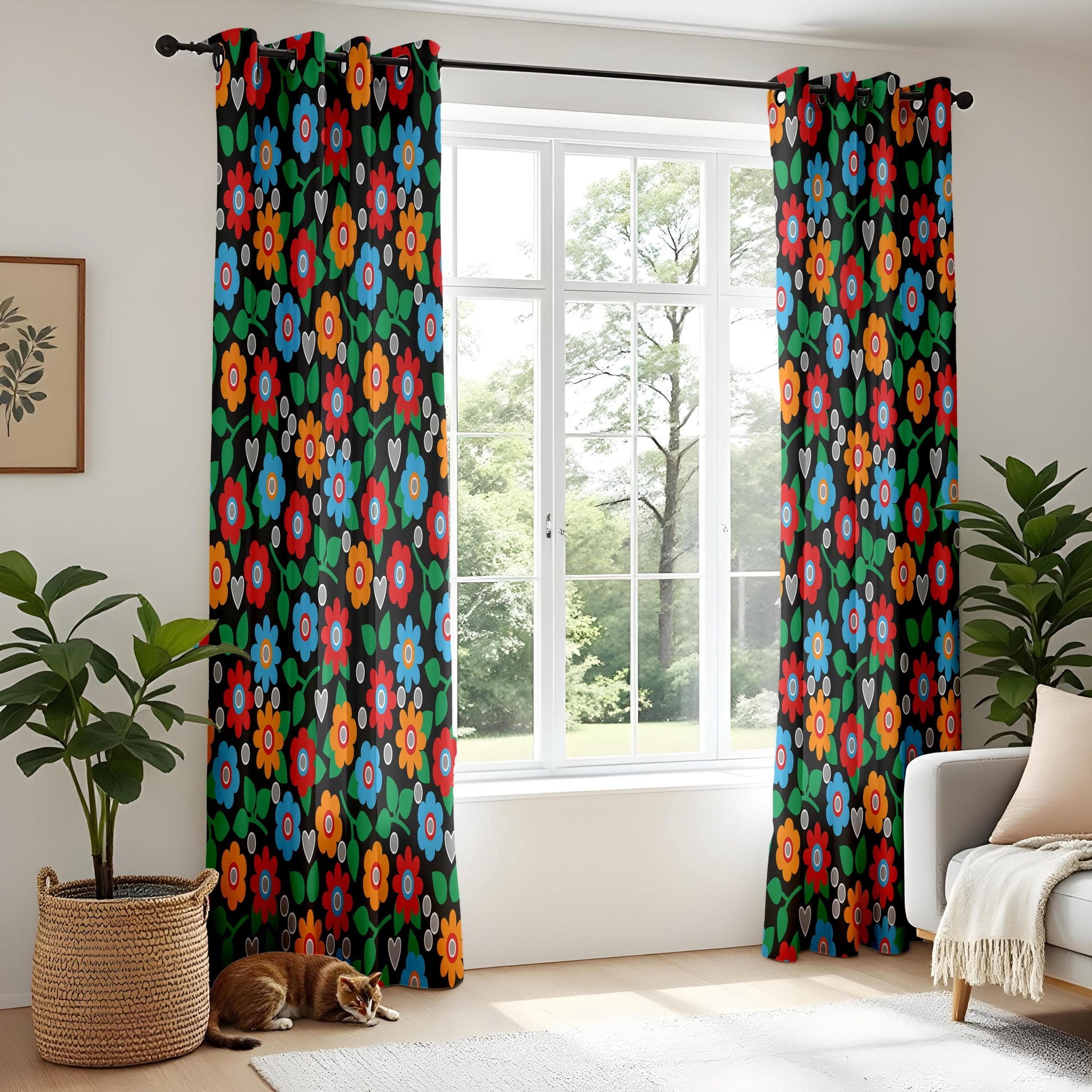 Onay Retro Floral Curtains – Colorful Bohemian Drapes with Vintage Folk Art on Black Background