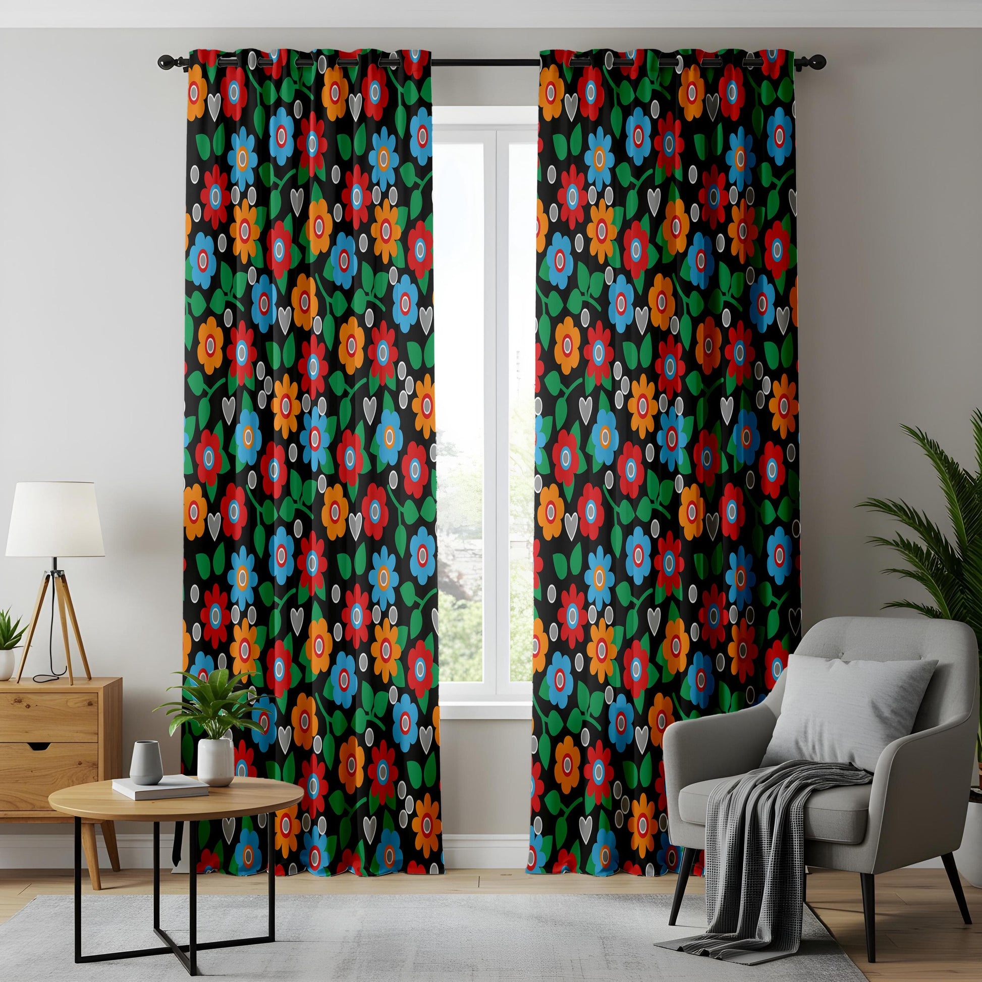 Onay Retro Floral Curtains – Colorful Bohemian Drapes with Vintage Folk Art on Black Background