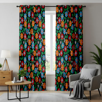 Onay Retro Floral Curtains – Colorful Bohemian Drapes with Vintage Folk Art on Black Background