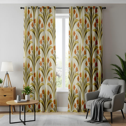 Onay Retro Floral Living Room Curtains, Mid Century Tulip Pattern