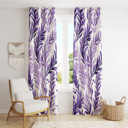 Elegant Purple Floral Curtains - Abstract Watercolor Leaf Print Drapes