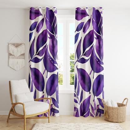 Elegant Purple Floral Curtains - Abstract Watercolor Leaf Print Drapes