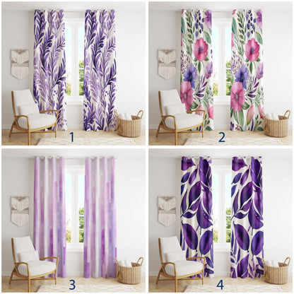 Elegant Purple Floral Curtains - Abstract Watercolor Leaf Print Drapes