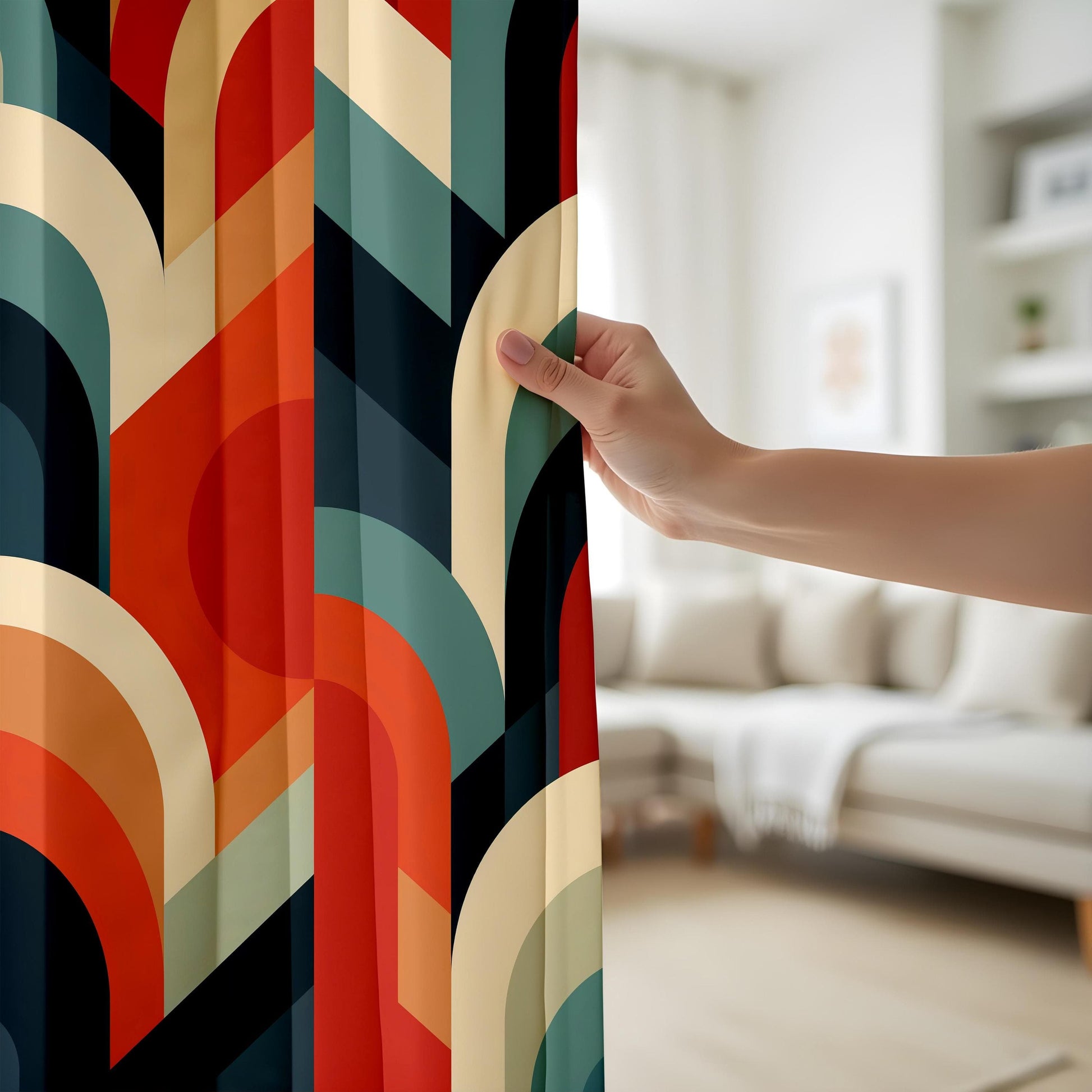 Onay Retro Geometric Curtains for Living Room, Colorful Abstract Curtains