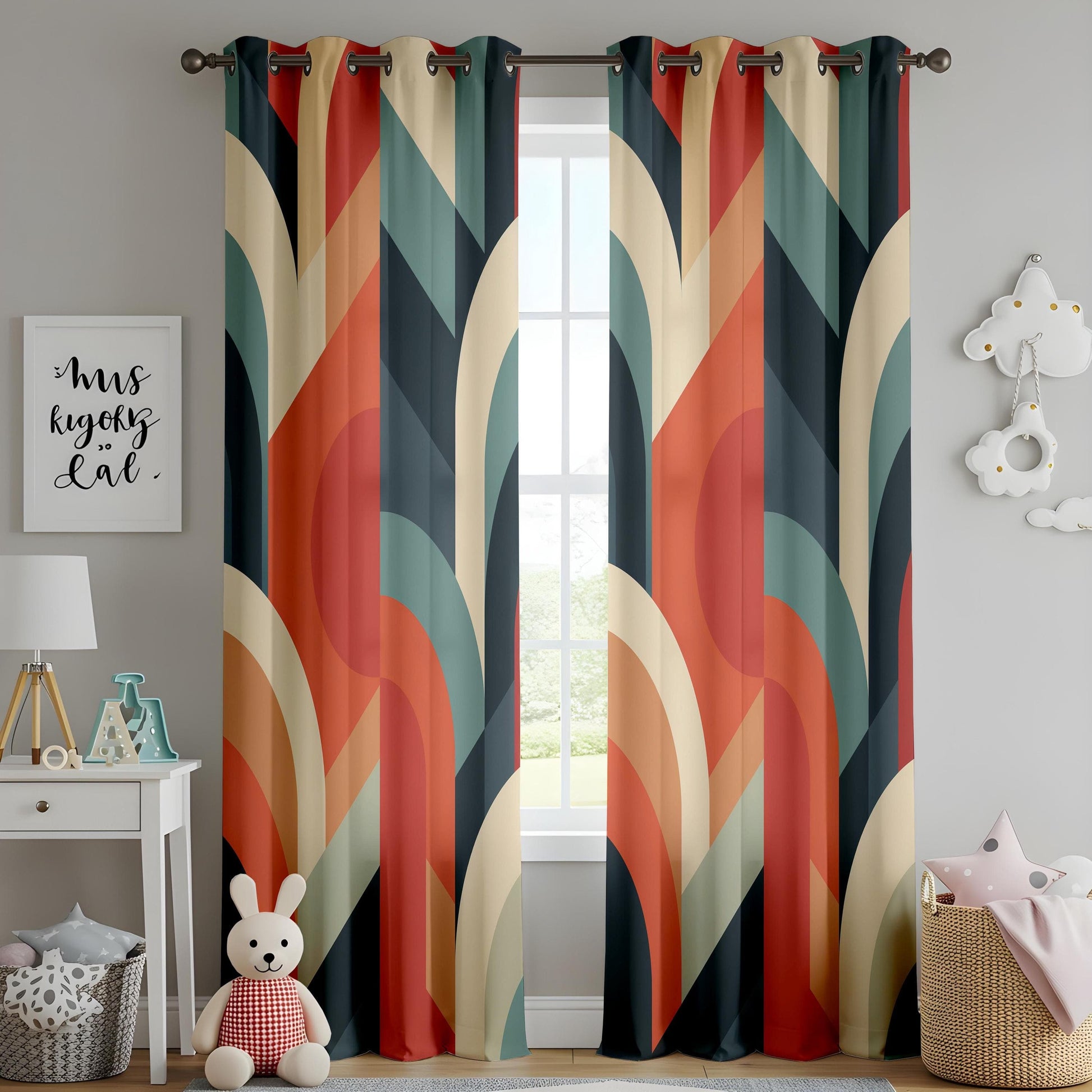 Onay Retro Geometric Curtains for Living Room, Colorful Abstract Curtains