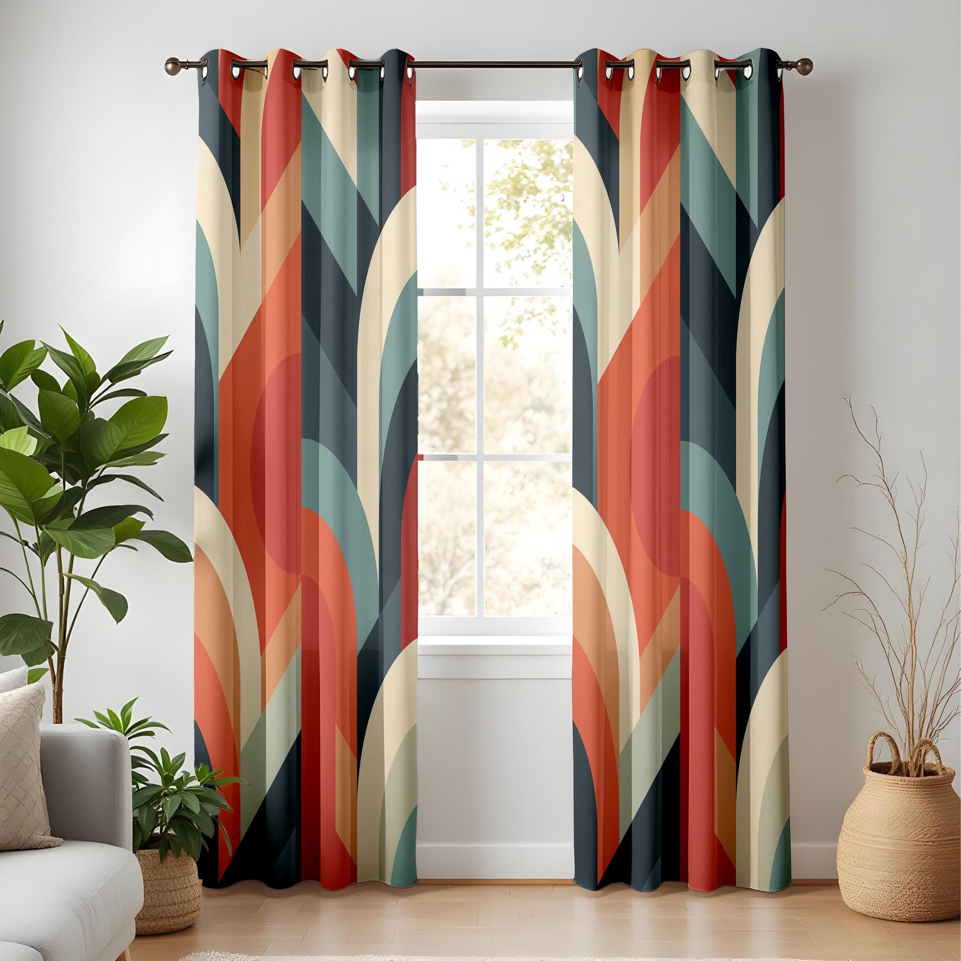 Onay Retro Geometric Curtains for Living Room, Colorful Abstract Curtains
