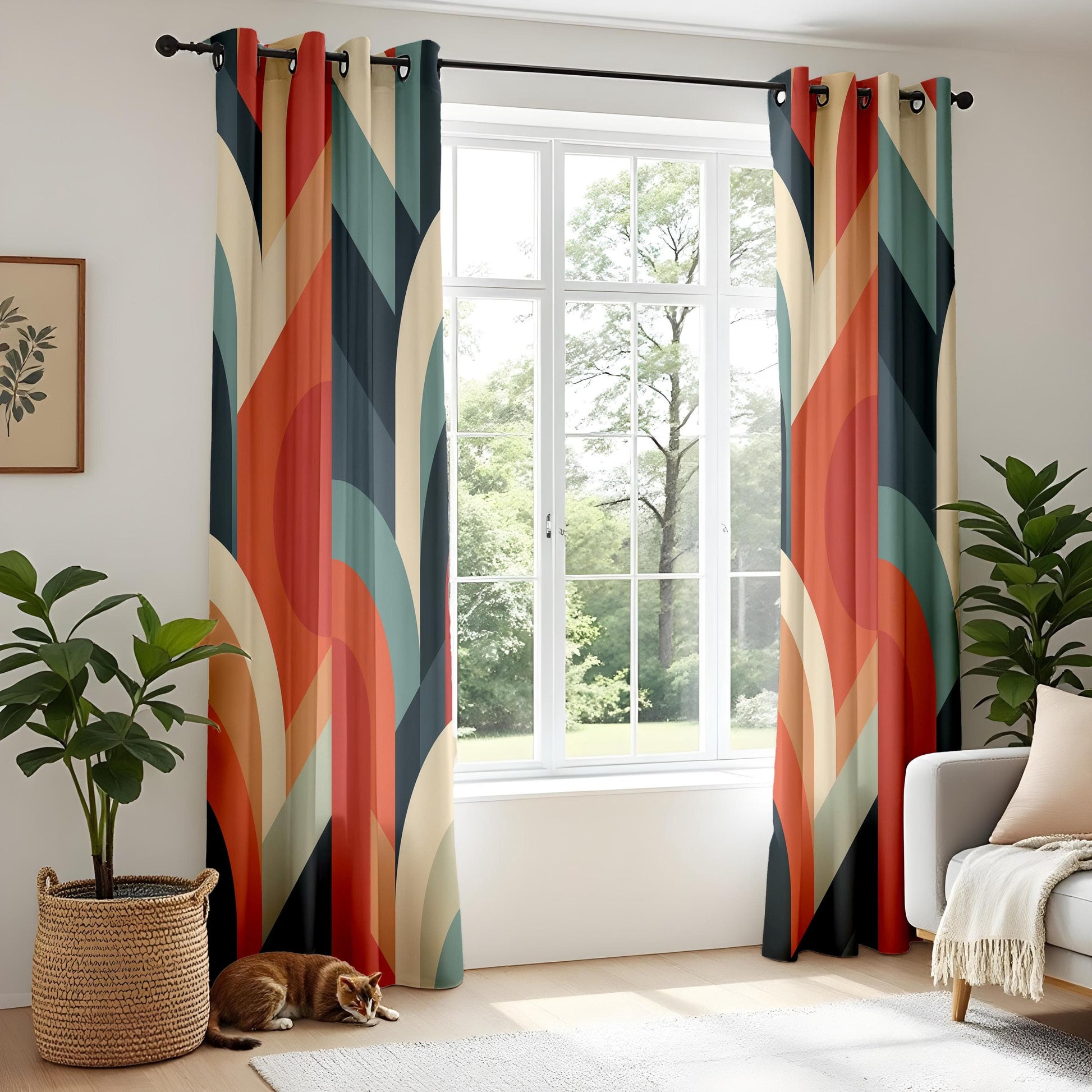Onay Retro Geometric Curtains for Living Room, Colorful Abstract Curtains