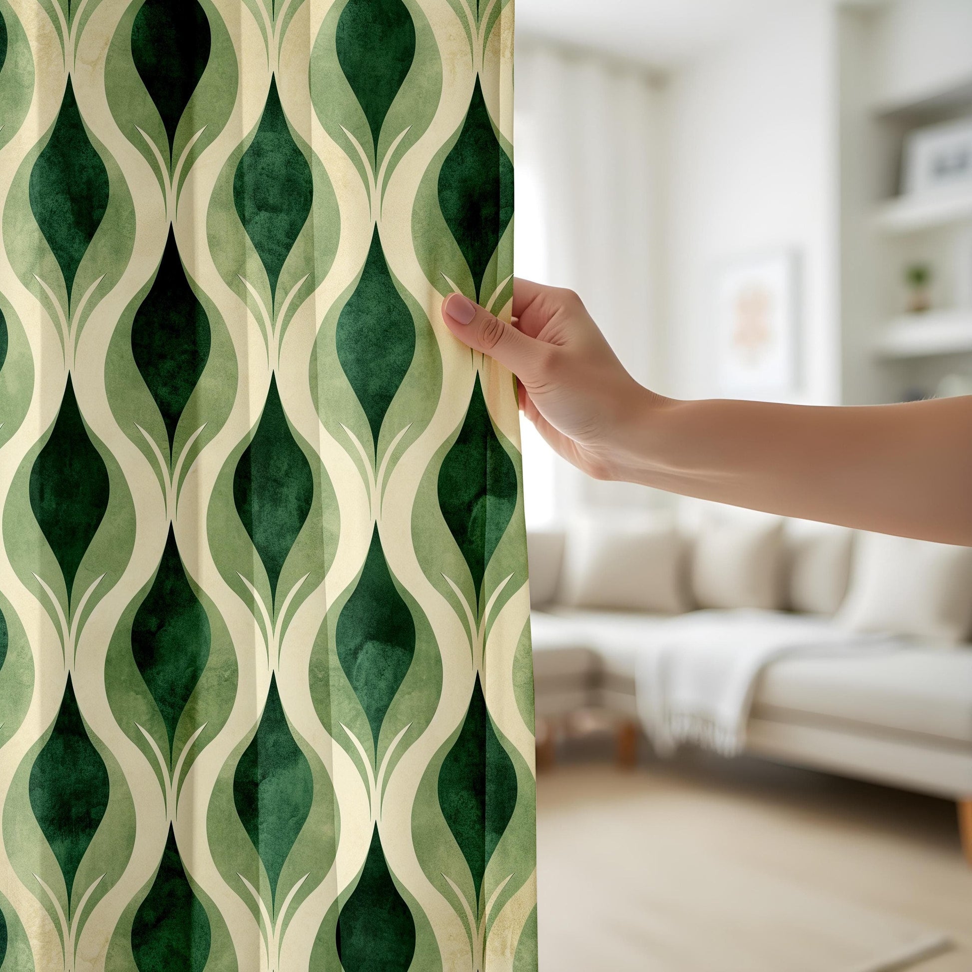 Onay Retro Green Geometric Curtains, Vintage Mid-Century Modern Window Drapes