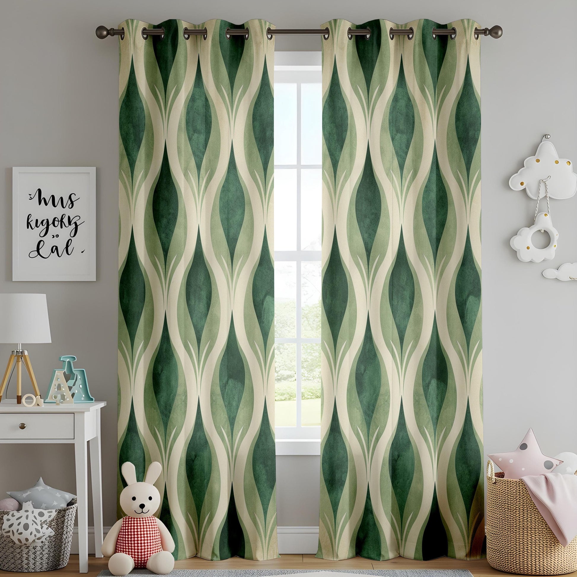 Onay Retro Green Geometric Curtains, Vintage Mid-Century Modern Window Drapes