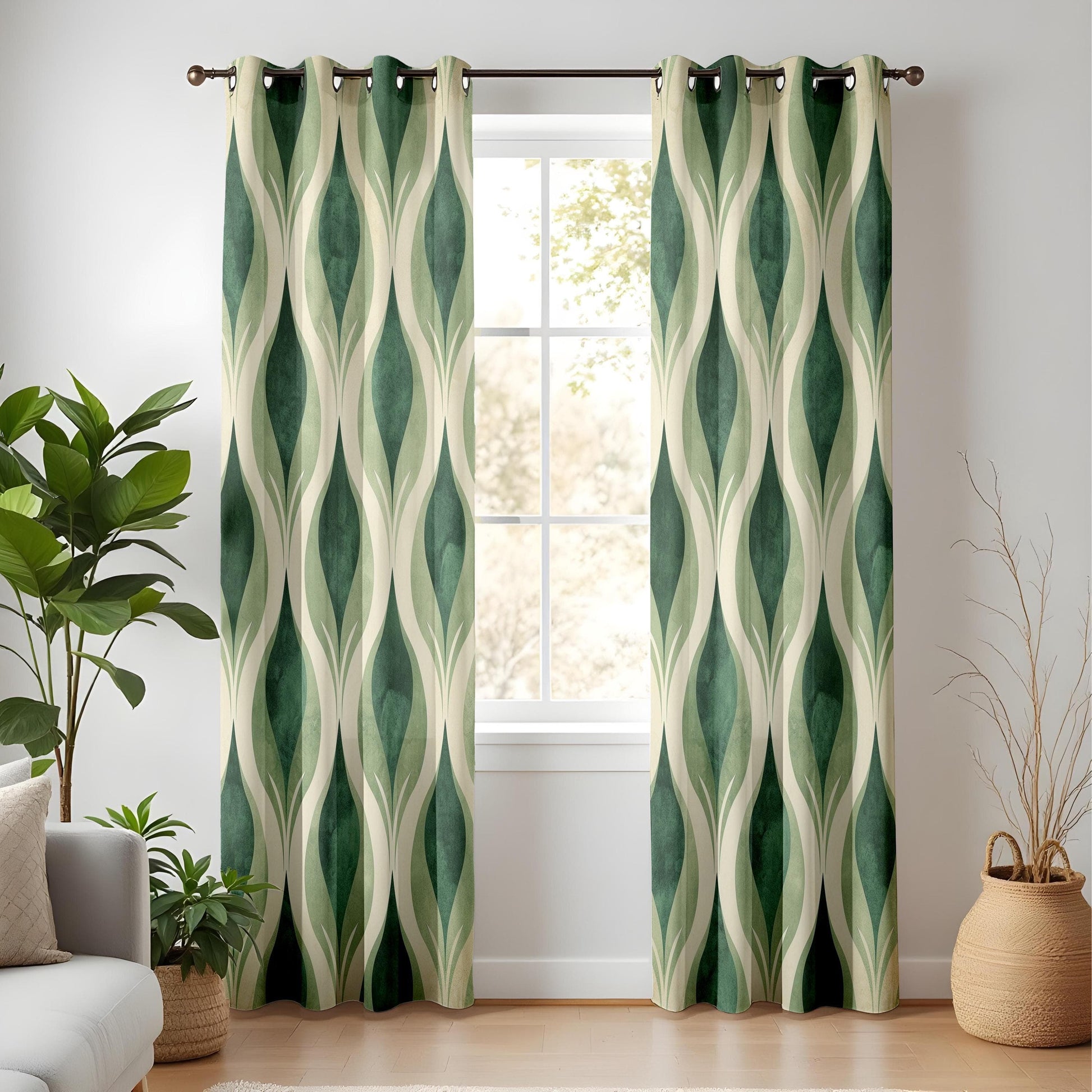 Onay Retro Green Geometric Curtains, Vintage Mid-Century Modern Window Drapes