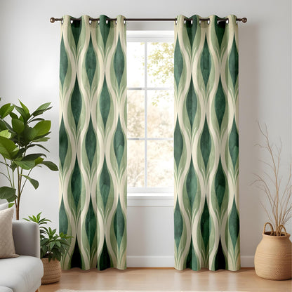Onay Retro Green Geometric Curtains, Vintage Mid-Century Modern Window Drapes