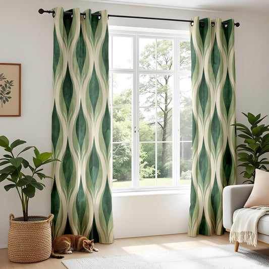 Onay Retro Green Geometric Curtains, Vintage Mid-Century Modern Window Drapes