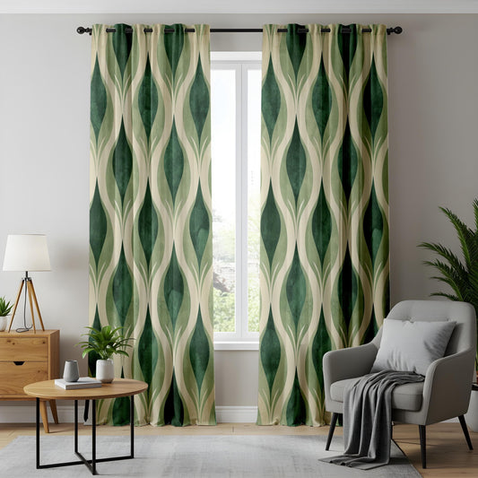 Onay Retro Green Geometric Curtains, Vintage Mid-Century Modern Window Drapes